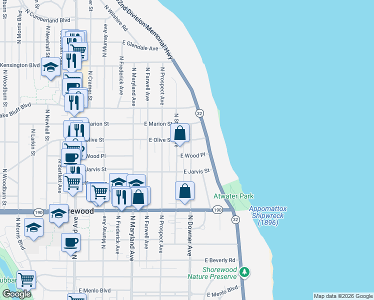 map of restaurants, bars, coffee shops, grocery stores, and more near 2601 East Olive Street in Shorewood