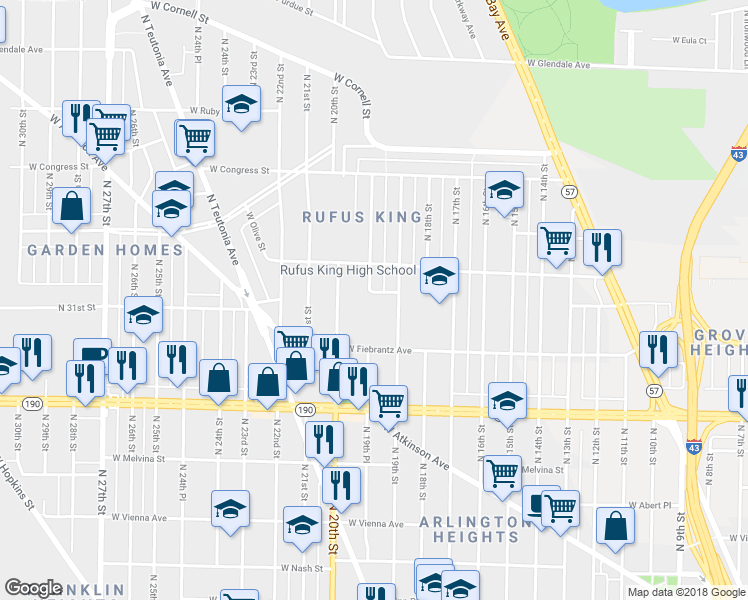 map of restaurants, bars, coffee shops, grocery stores, and more near 4177 North 19th Place in Milwaukee