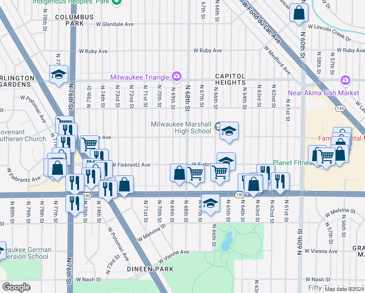 map of restaurants, bars, coffee shops, grocery stores, and more near 4173 North 68th Street in Milwaukee