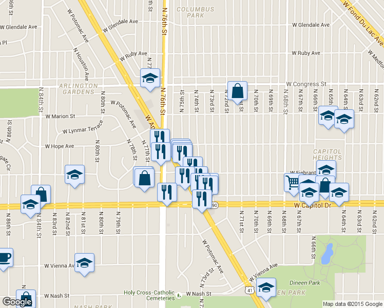 map of restaurants, bars, coffee shops, grocery stores, and more near 7476 West Beckett Avenue in Milwaukee