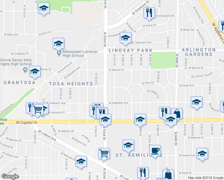 map of restaurants, bars, coffee shops, grocery stores, and more near 4200 North 91st Street in Milwaukee