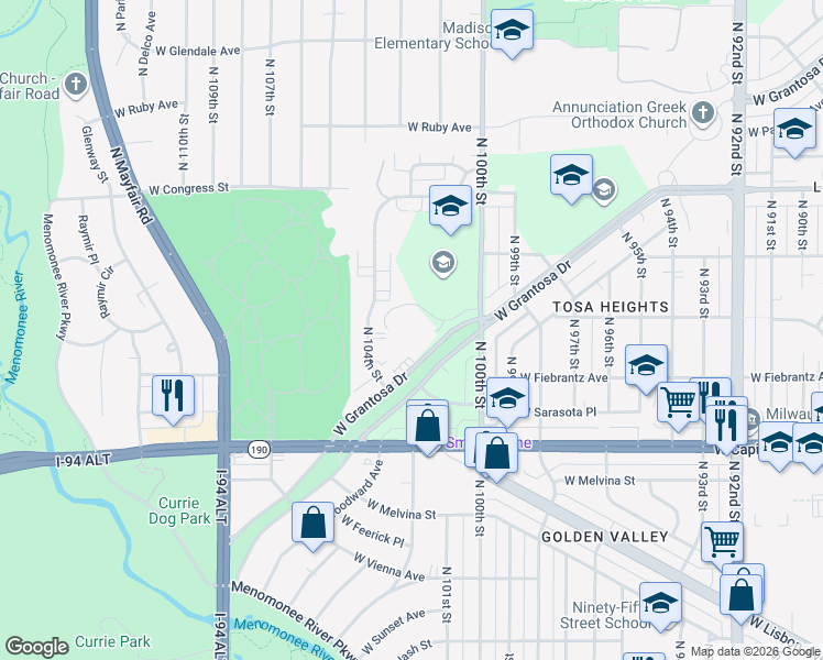 map of restaurants, bars, coffee shops, grocery stores, and more near 4210 North 104th Street in Milwaukee