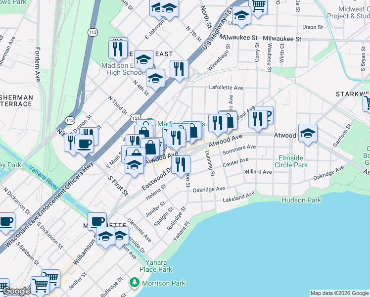 map of restaurants, bars, coffee shops, grocery stores, and more near 2017 Corscot Court in Madison