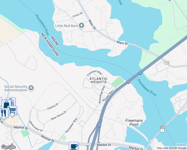 map of restaurants, bars, coffee shops, grocery stores, and more near 140 Crescent Way in Portsmouth