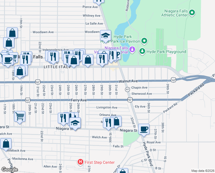 map of restaurants, bars, coffee shops, grocery stores, and more near 2905 Walnut Avenue in Niagara Falls
