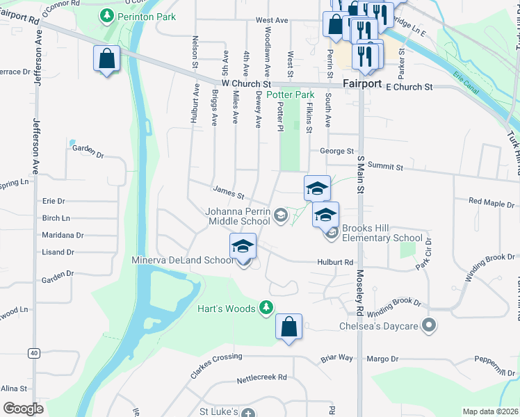 map of restaurants, bars, coffee shops, grocery stores, and more near 3 James Street in Fairport