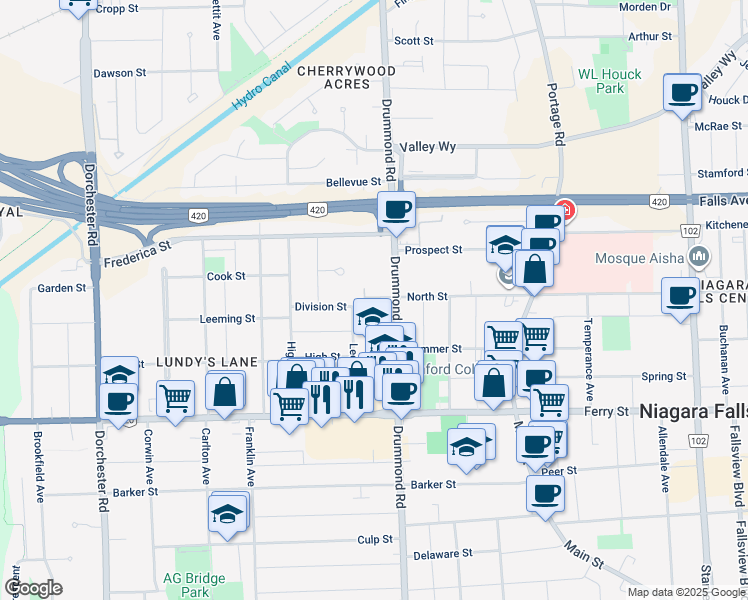 map of restaurants, bars, coffee shops, grocery stores, and more near 5595 Drummond Road in Niagara Falls