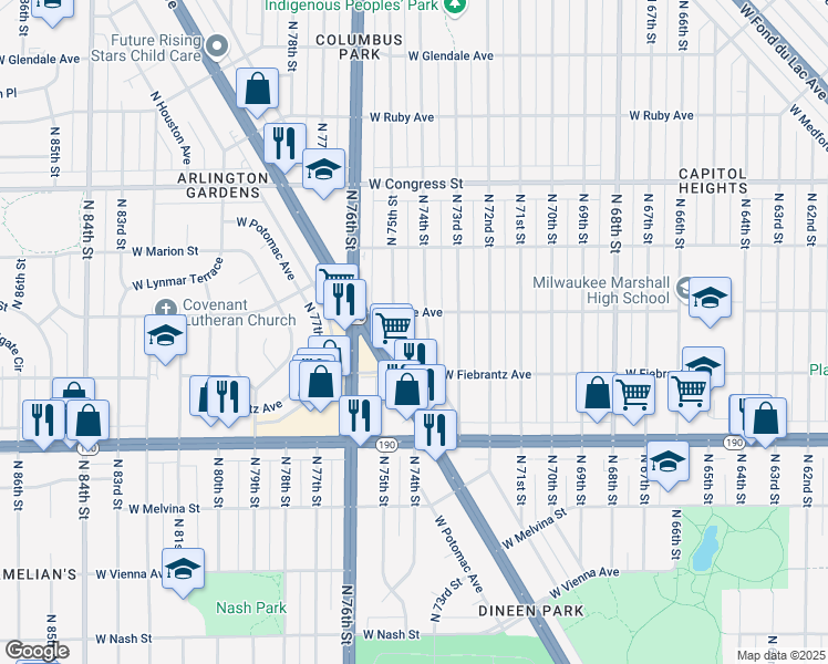 map of restaurants, bars, coffee shops, grocery stores, and more near 7476 West Beckett Avenue in Milwaukee