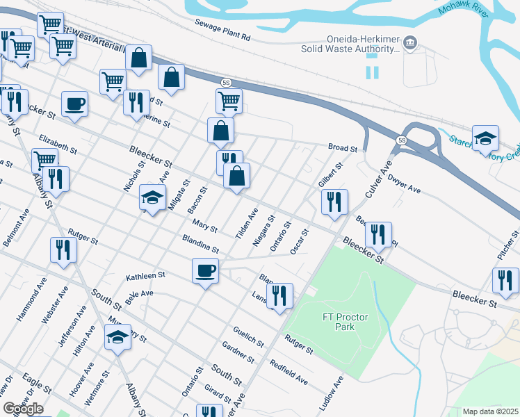 map of restaurants, bars, coffee shops, grocery stores, and more near 521 Tilden Avenue in Utica