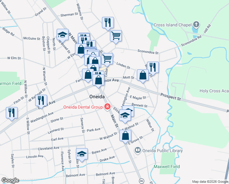 map of restaurants, bars, coffee shops, grocery stores, and more near 217 Cedar Street in Oneida