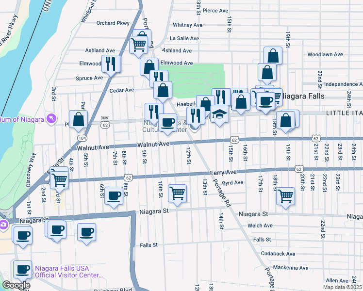 map of restaurants, bars, coffee shops, grocery stores, and more near 1115 Walnut Avenue in Niagara Falls