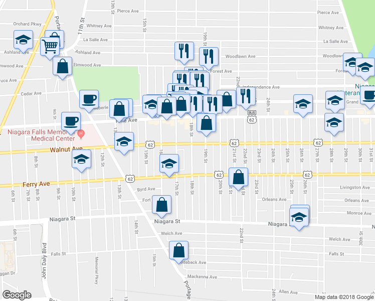 map of restaurants, bars, coffee shops, grocery stores, and more near 556 18th Street in Niagara Falls