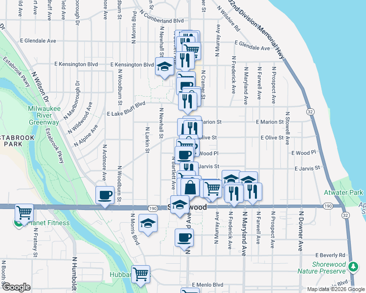 map of restaurants, bars, coffee shops, grocery stores, and more near 4175 North Oakland Avenue in Shorewood