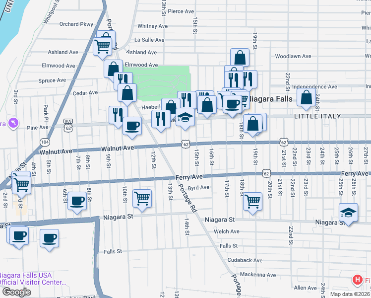 map of restaurants, bars, coffee shops, grocery stores, and more near 1322 Walnut Avenue in Niagara Falls