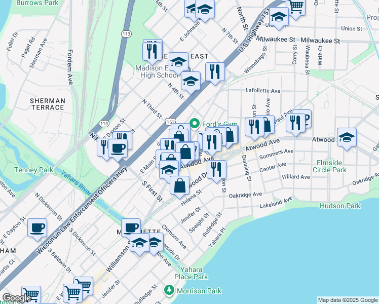 map of restaurants, bars, coffee shops, grocery stores, and more near 2039 Winnebago Street in Madison