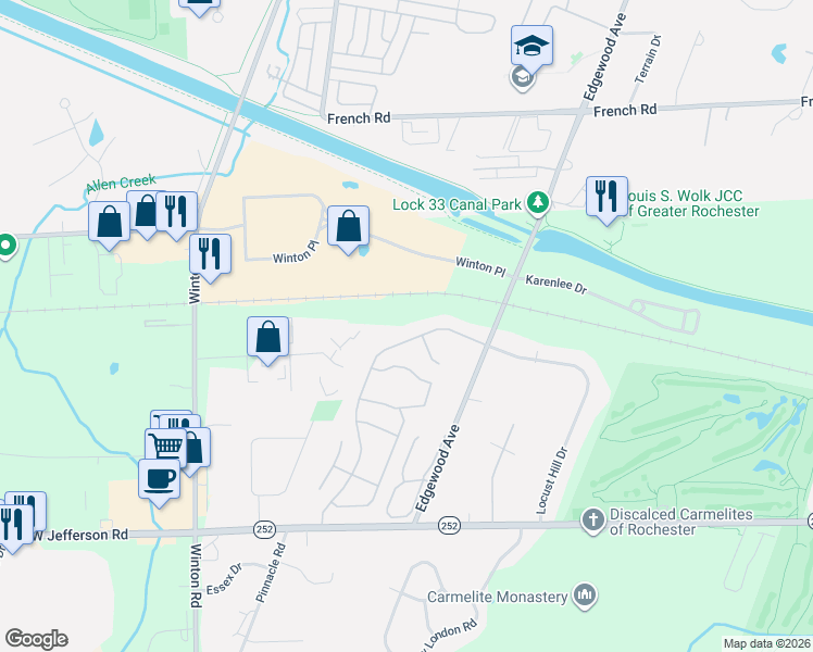 map of restaurants, bars, coffee shops, grocery stores, and more near 873 Surrey Hill Way in Rochester