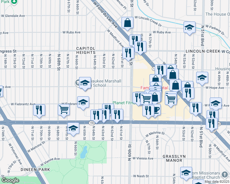 map of restaurants, bars, coffee shops, grocery stores, and more near 6105 West Hope Avenue in Milwaukee