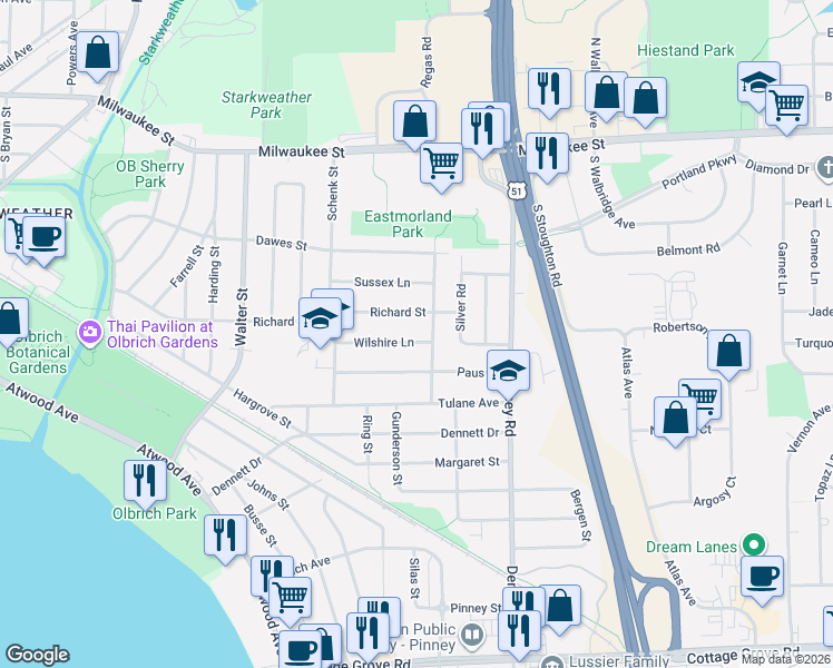 map of restaurants, bars, coffee shops, grocery stores, and more near 3717 Richard Street in Madison