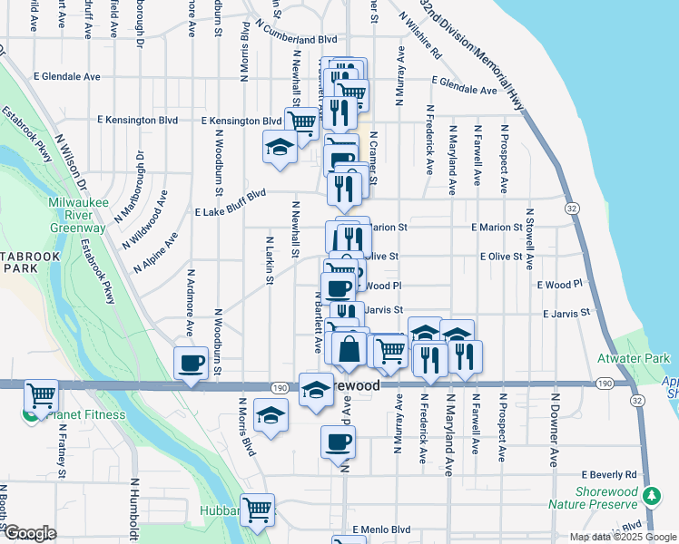 map of restaurants, bars, coffee shops, grocery stores, and more near 4188 North Bartlett Avenue in Shorewood