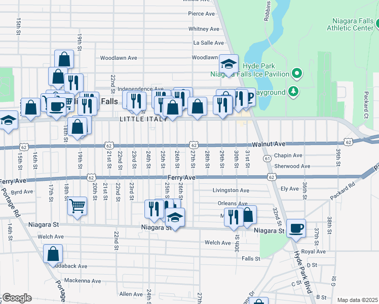 map of restaurants, bars, coffee shops, grocery stores, and more near 601 27th Street in Niagara Falls