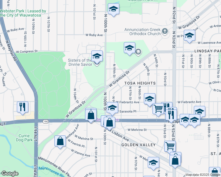 map of restaurants, bars, coffee shops, grocery stores, and more near 9917 West Grantosa Drive in Wauwatosa
