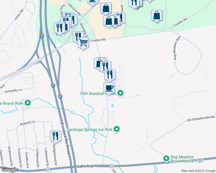 map of restaurants, bars, coffee shops, grocery stores, and more near 9 Hampstead Place in Saratoga Springs