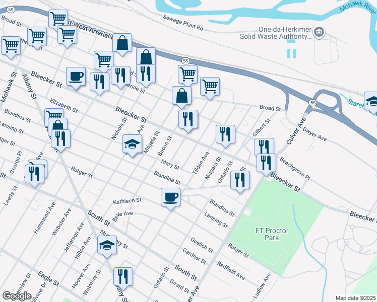 map of restaurants, bars, coffee shops, grocery stores, and more near 503 Saint Anthony Street in Utica