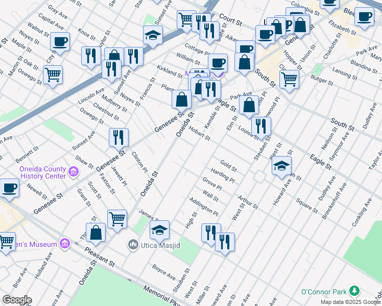 map of restaurants, bars, coffee shops, grocery stores, and more near 8-10 Walker Street in Utica