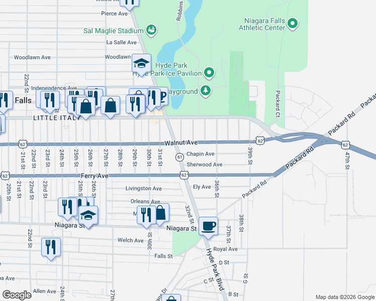 map of restaurants, bars, coffee shops, grocery stores, and more near 3301 Walnut Avenue in Niagara Falls