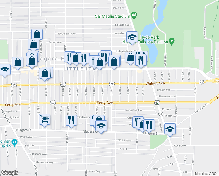 map of restaurants, bars, coffee shops, grocery stores, and more near 601 27th Street in Niagara Falls