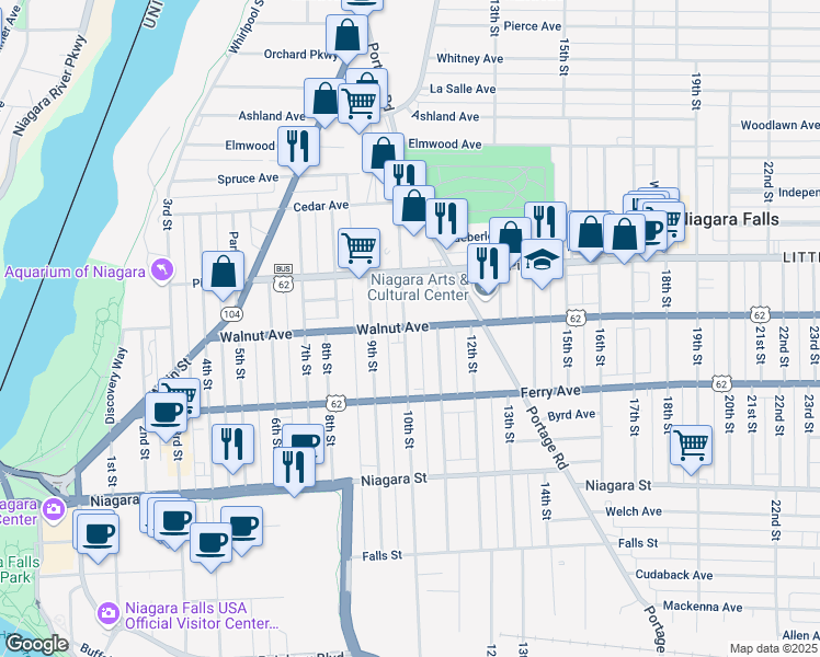 map of restaurants, bars, coffee shops, grocery stores, and more near 571 10th Street in Niagara Falls