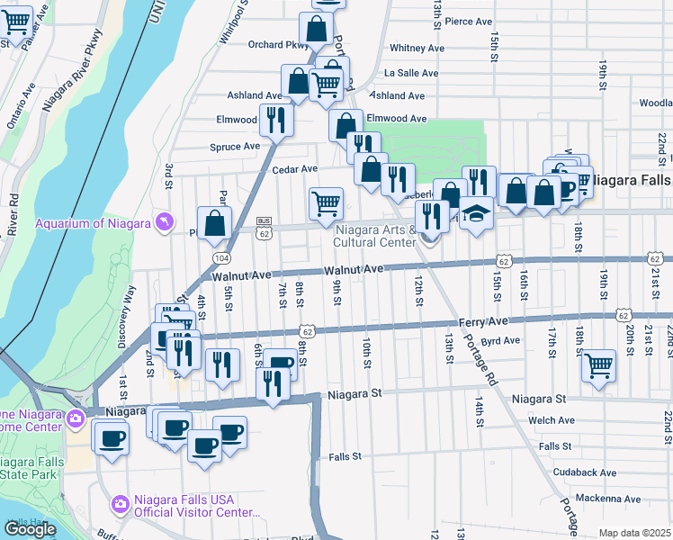 map of restaurants, bars, coffee shops, grocery stores, and more near 609 9th Street in Niagara Falls