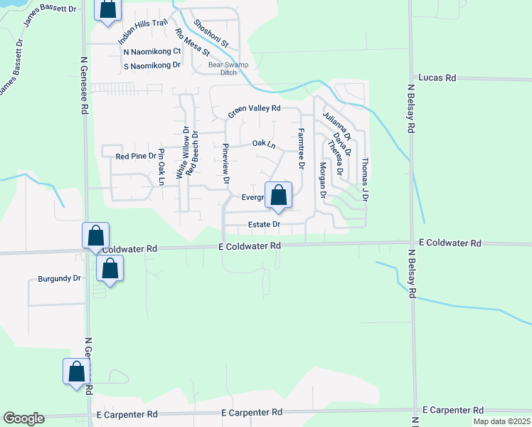 map of restaurants, bars, coffee shops, grocery stores, and more near 208 Evergreen Road in Flint