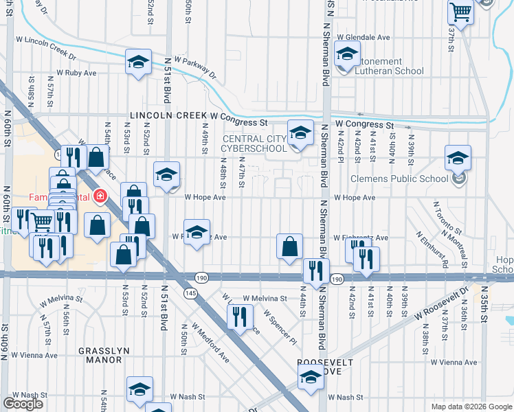 map of restaurants, bars, coffee shops, grocery stores, and more near 4624 West Hope Avenue in Milwaukee