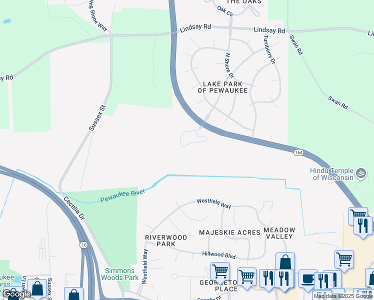 map of restaurants, bars, coffee shops, grocery stores, and more near 596 Pewaukee Road in Pewaukee