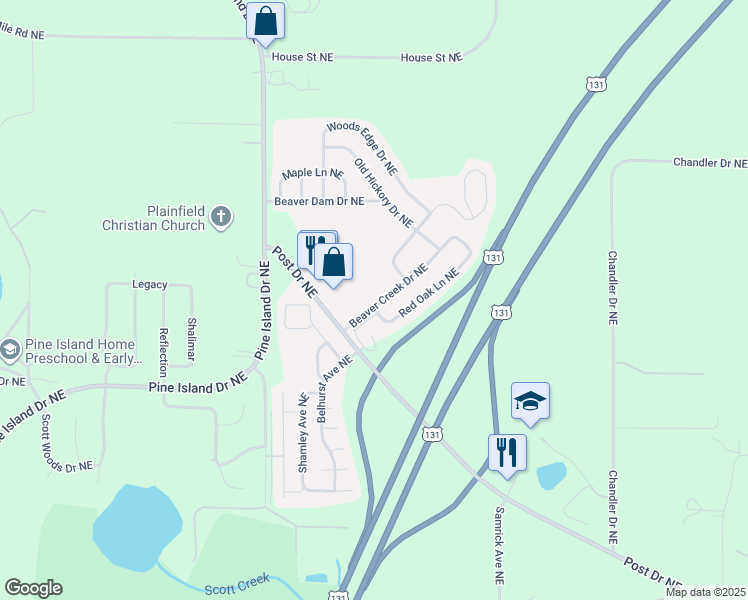 map of restaurants, bars, coffee shops, grocery stores, and more near 1391 Beaver Creek Drive Northeast in Kent County