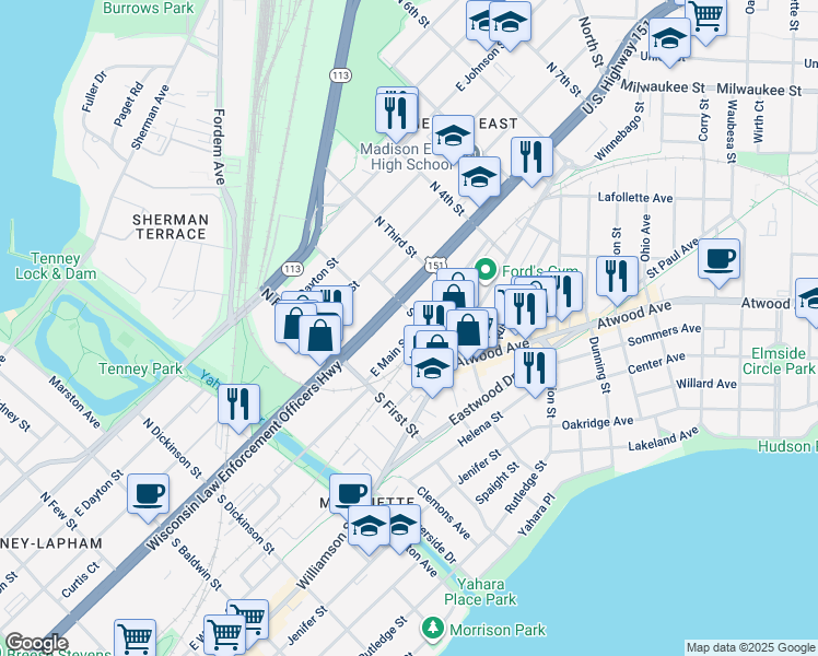 map of restaurants, bars, coffee shops, grocery stores, and more near 1968 East Main Street in Madison