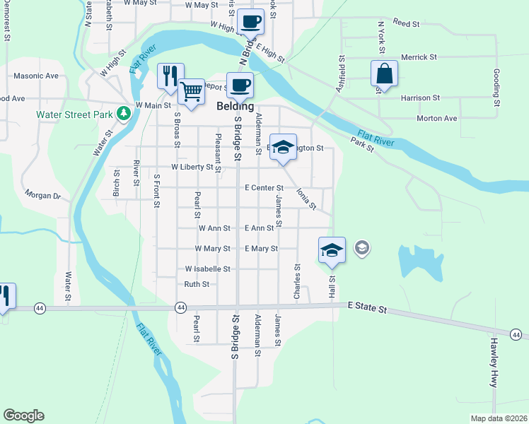 map of restaurants, bars, coffee shops, grocery stores, and more near 522 Alderman Street in Belding