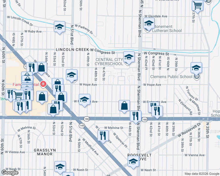 map of restaurants, bars, coffee shops, grocery stores, and more near 4624 West Hope Avenue in Milwaukee