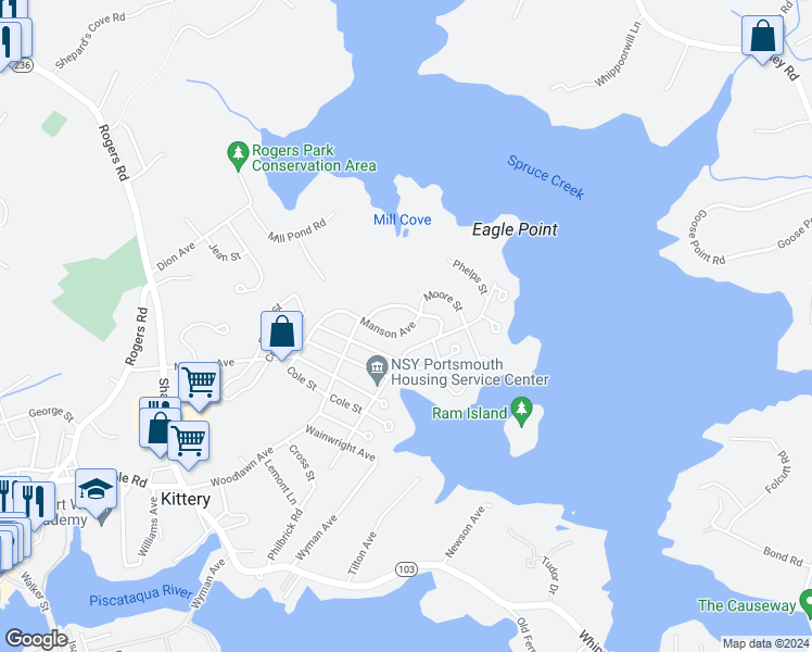map of restaurants, bars, coffee shops, grocery stores, and more near 167 Manson Avenue in Kittery