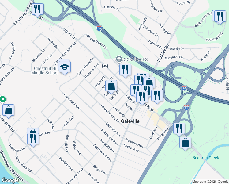 map of restaurants, bars, coffee shops, grocery stores, and more near 304 Libby Street in Liverpool