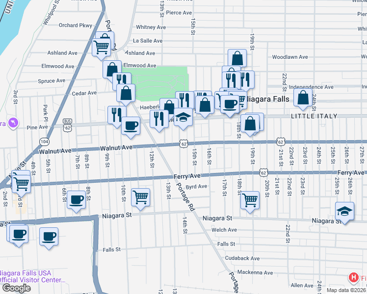 map of restaurants, bars, coffee shops, grocery stores, and more near 1322 Walnut Avenue in Niagara Falls