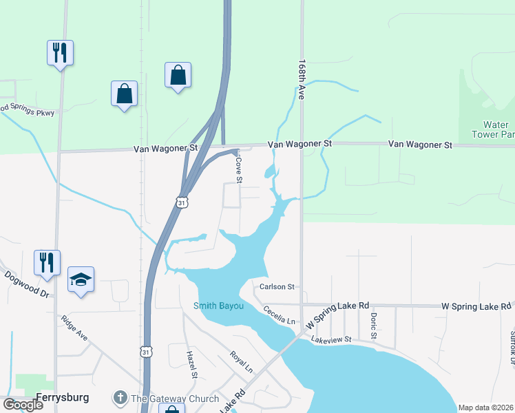 map of restaurants, bars, coffee shops, grocery stores, and more near 17866 Cove Street in Spring Lake