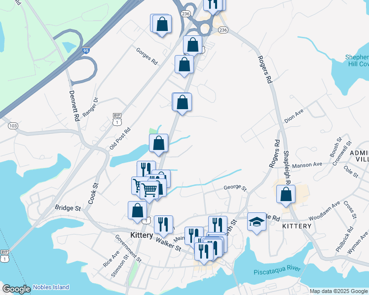map of restaurants, bars, coffee shops, grocery stores, and more near 100 Village Green Drive in Kittery