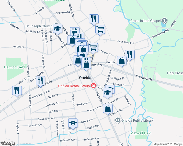 map of restaurants, bars, coffee shops, grocery stores, and more near 217 Cedar Street in Oneida