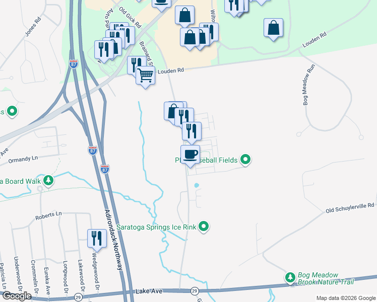 map of restaurants, bars, coffee shops, grocery stores, and more near 9 Hampstead Place in Saratoga Springs