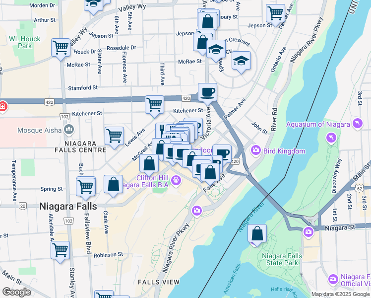 map of restaurants, bars, coffee shops, grocery stores, and more near 5657 Victoria Avenue in Niagara Falls