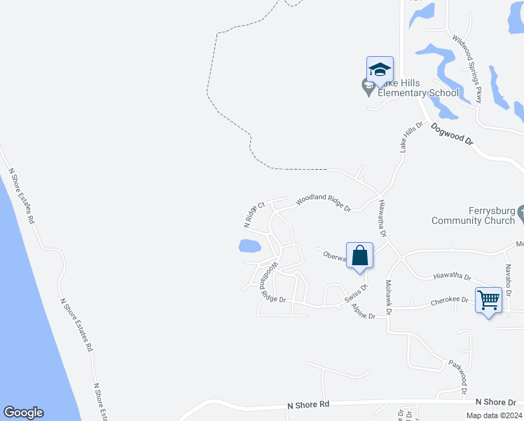 map of restaurants, bars, coffee shops, grocery stores, and more near 18386 North Ridge Court in Spring Lake