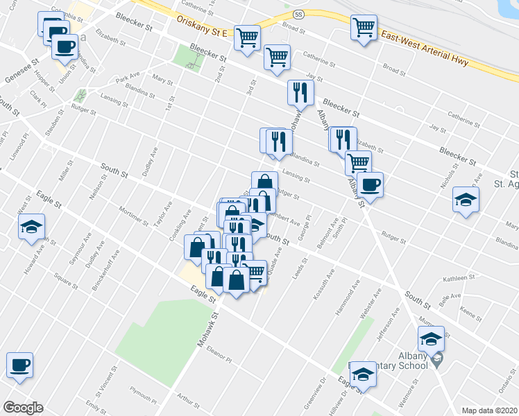 map of restaurants, bars, coffee shops, grocery stores, and more near Mohawk Street & Humbert Avenue in Utica