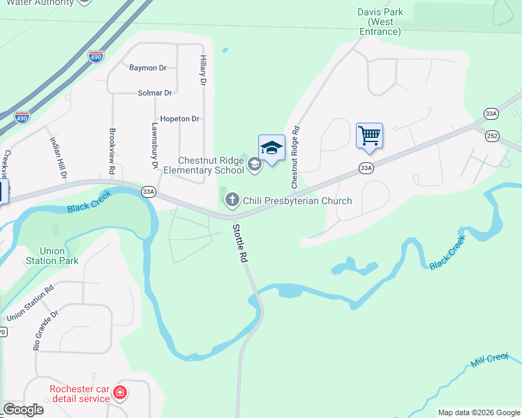 map of restaurants, bars, coffee shops, grocery stores, and more near 3594 Chili Avenue in Rochester